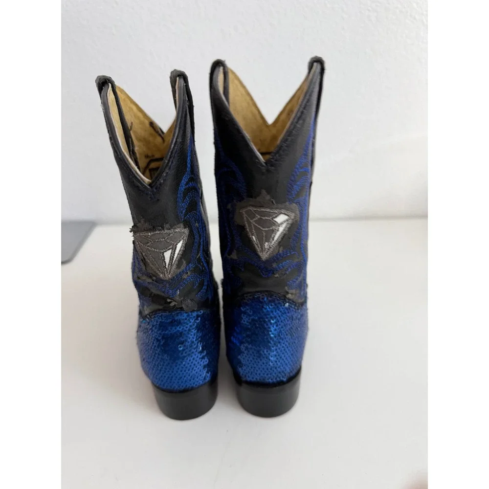 White Diamond Kids Blue Sequin Cowboy Boots Western Embroidered Pointed Toe 17